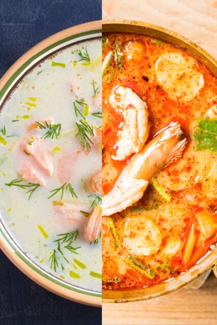 Metà foto è un mezzo piatto con una zuppa di pesce del Nord Europa con panna e salmone e nell'altra mezza foto, mezzo piatto di zuppa di pesce del Mediterraneo con il pomodoro.