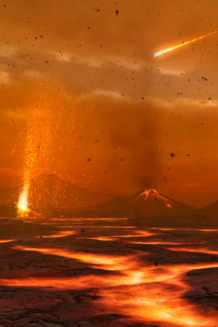 Un panorama con magma, fuoco e fumo
